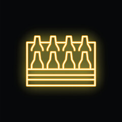 Minimalist vector illustration of a bright yellow glowing neon sign depicting a crate of beer bottles
