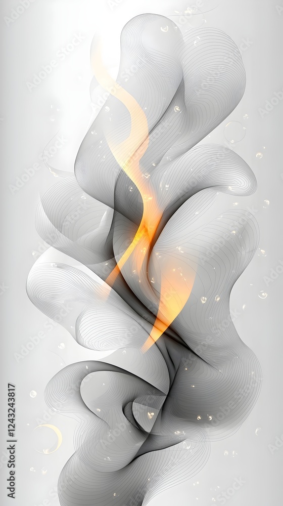 Poster an abstract composition featuring flowing gray and orange smoke-like shapes, creating a sense of mov