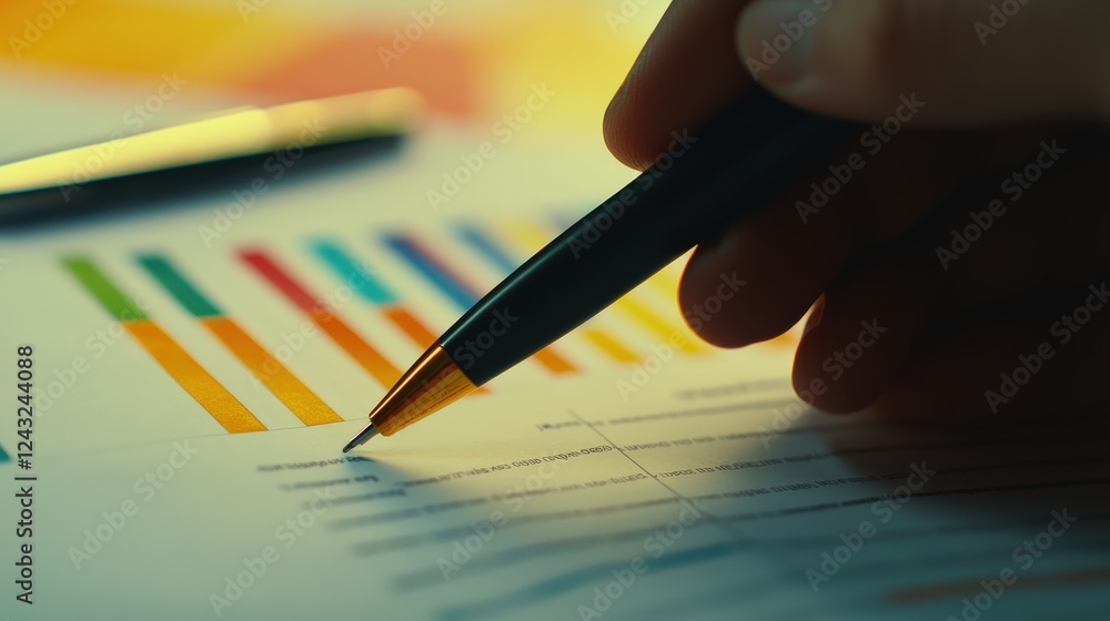 Aufkleber close-up of a hand holding a pen analyzing colorful bar graphs on a document in a bright workspace