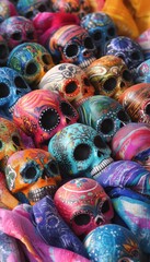 Colorful skull figurines, intricately painted, displayed on vibrant fabric. A vibrant celebration of life and artistry.