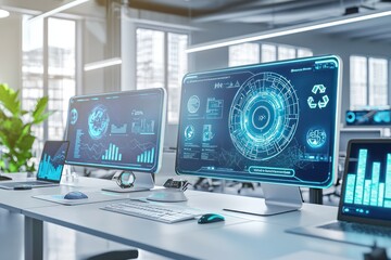 Naklejka premium Holographic tools in coworking space track recovery systems for circular economy waste.