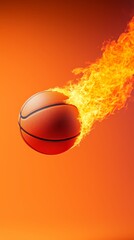 Fototapeta premium Basketball on Fire Surging Forward on Orange Background Representing Energy Determination and Competitive Excellence