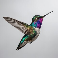 Fototapeta premium A dazzling hummingbird with shimmering, vivid feathers, hovering over a pure white background.