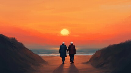 Elderly Couple Walking Hand in Hand at Sunset by the Ocean