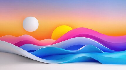 Abstract Colorful Sunset Landscape with Paper Waves and Sphere