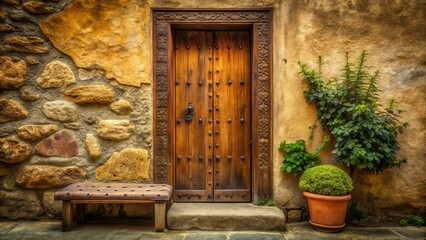 Rustic wooden door with ornate frame, stone wall, and small bench