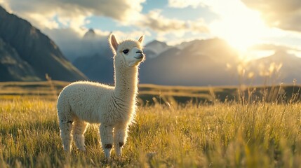 Alpaca sunset meadow, mountain backdrop, peaceful scene