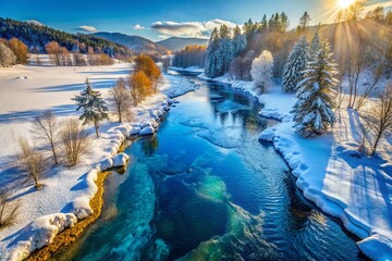 Aerial Drone Shot of Winter Stream, Frozen River Flowing Through Snowy Landscape