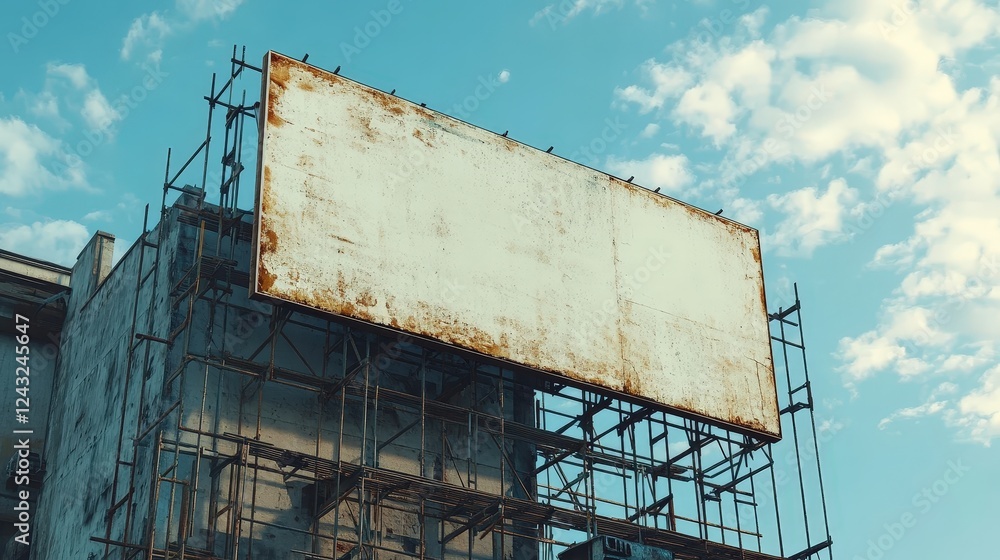 Poster rusty billboard structure with empty space for advertisement against clear sky background