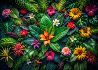 Naklejka premium Aerial Drone Shot: Vibrant Tropical Flowers & Lush Foliage Against Dark Background