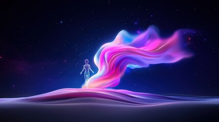 Abstract Cosmic Landscape with Glowing Pink Blue Purple Neon Lights and a Figure