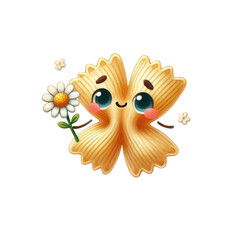 A cute, smiling farfalle pasta character holding a flower, exuding a playful and cheerful vibe.
