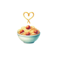 A bowl of spaghetti topped with meatballs, featuring a heart-shaped piece of pasta hovering above.