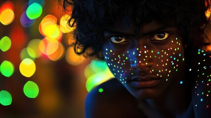 Youthful face adorned with vibrant, luminous dots, set against a backdrop of blurred, colorful lights.