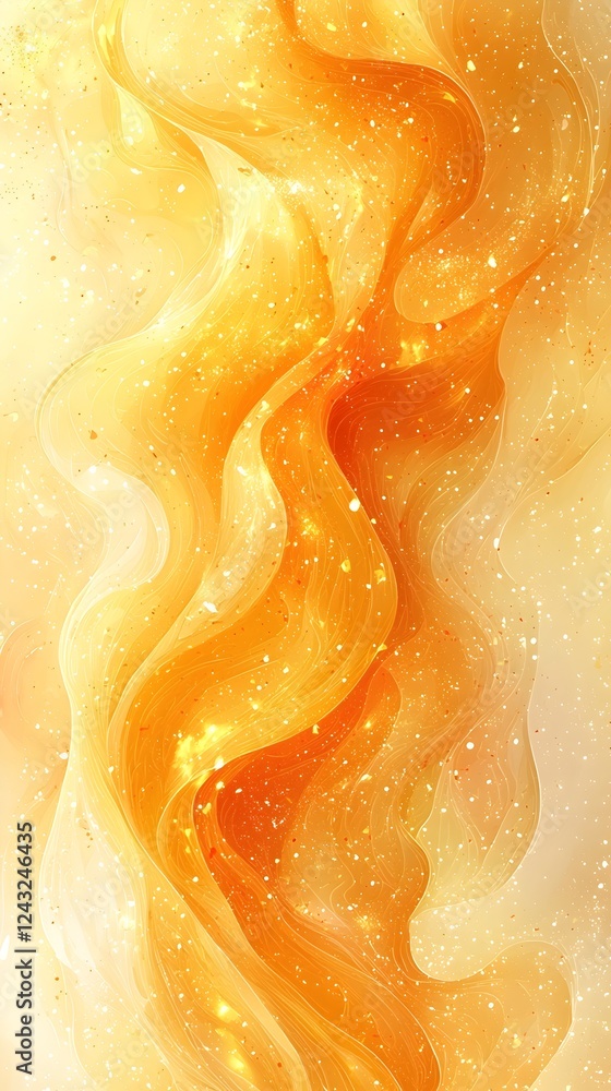 Poster a vibrant and fluid abstract design featuring flowing waves in warm shades of orange and gold, creat