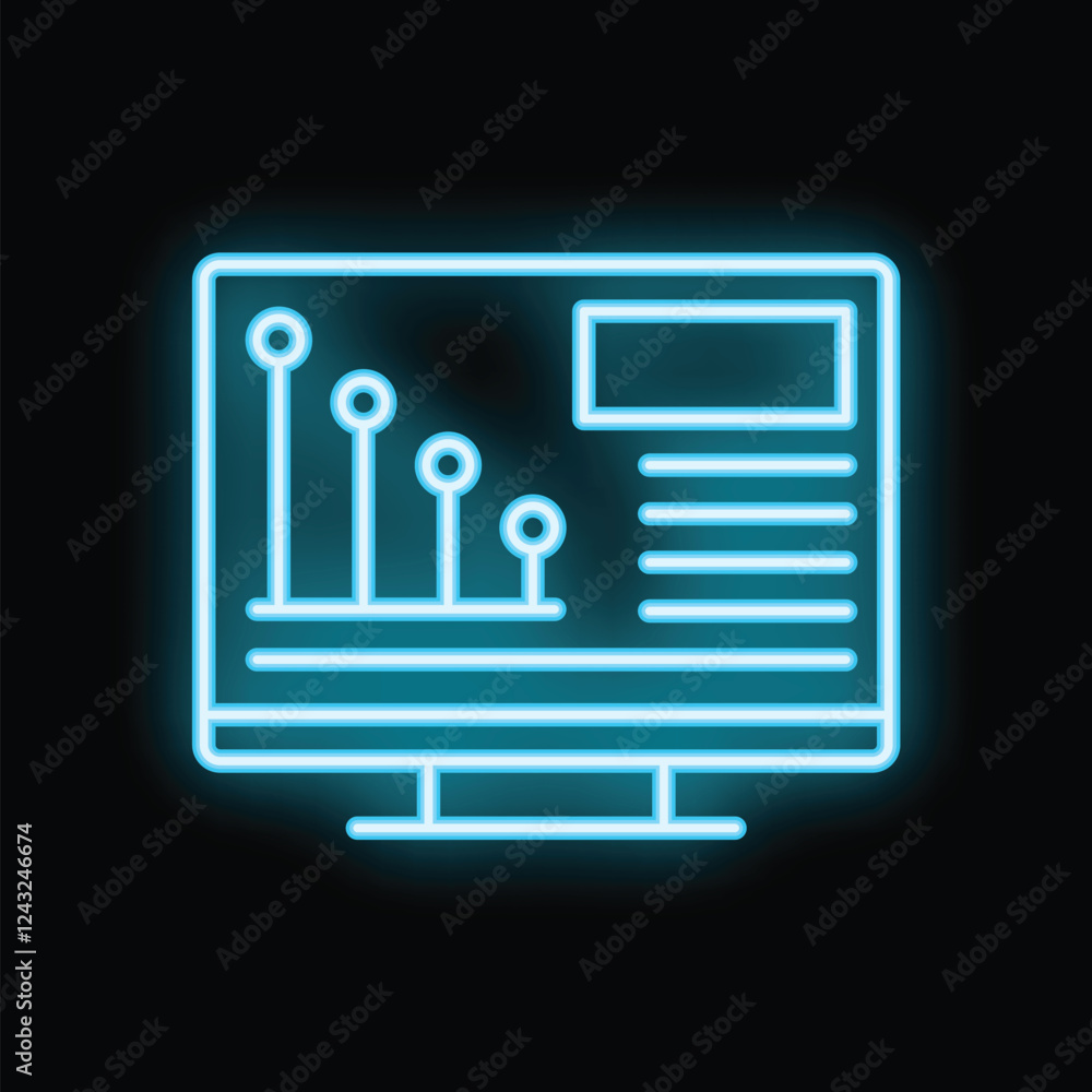 Poster neon blue icon of a desktop computer showing a decreasing graph, evoking the concept of financial lo