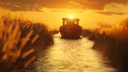 Fototapeta premium A boat is traveling down a river with a sunset in the background. The boat is the main focus of the image, and the sunset adds a warm and peaceful atmosphere to the scene