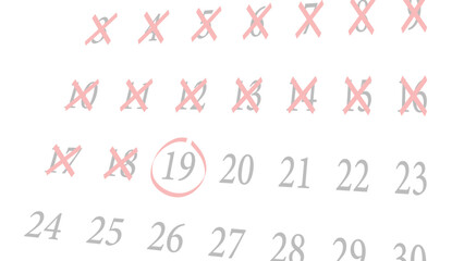 A calendar with crossed-out dates and the 19th circled in red, symbolizing an important event or countdown