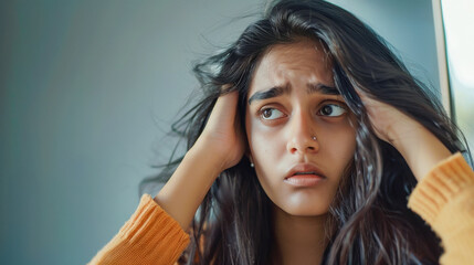 young Indian woman is looking at the mirror worrying about her hair loss problem