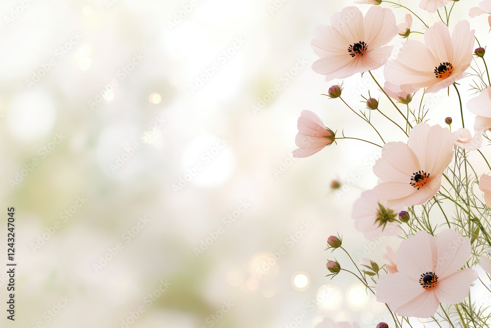 Poster blurred bokeh with muted tones. delicate flowers in soft tones create serene and gentle atmosphere, 