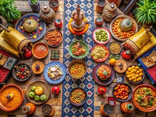 Aerial View: Colorful Moroccan Feast, Traditional Dishes