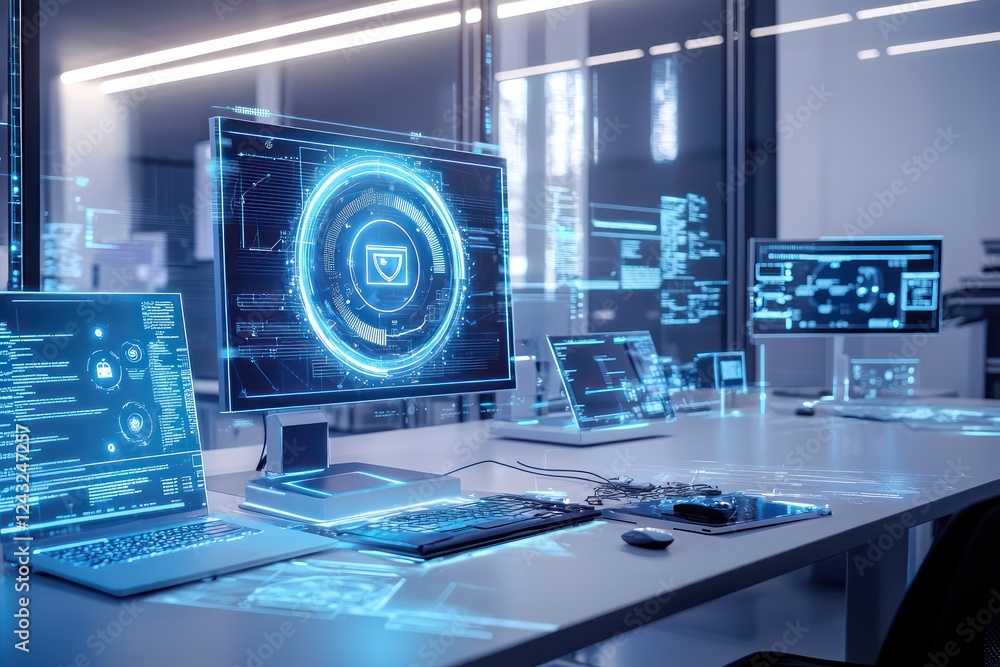 Poster digital identities are secured using holographic tools in a modern cybersecurity lab.