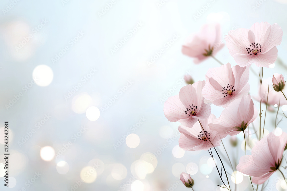 Poster blurred bokeh with muted tones. soft pink flowers with blurred bokeh effect create serene atmosphere