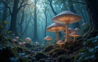 Fototapeta premium A digital art piece featuring glowing luminescent mushrooms in a mystical forest setting