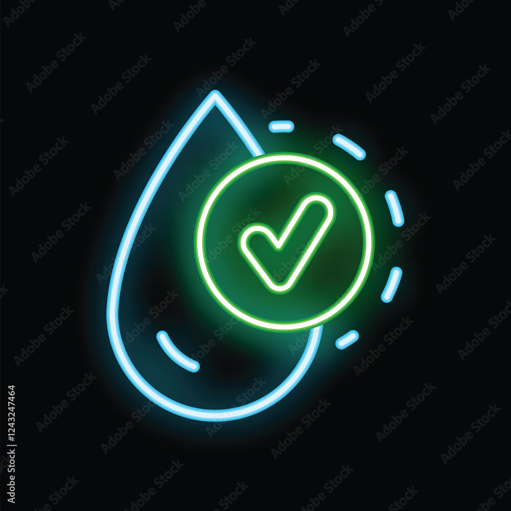 Poster glowing neon icon featuring a stylized water drop with an overlapping check mark, conveying a messag