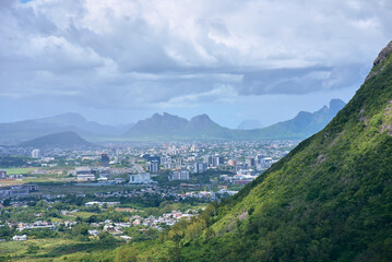 Aerial view of Mauritius island from the top of the mountain, Africa	