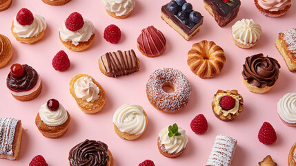 An assortment of delectable pastries and desserts is beautifully arranged against a pink background.