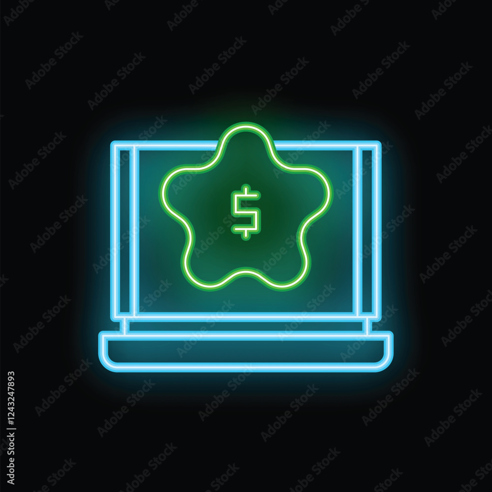 Poster neon sign of a laptop computer displaying a five star rating system with a dollar sign in the center
