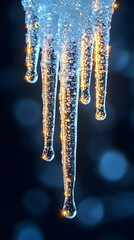 Fototapeta premium Close-up of shimmering icicles glistening with reflections of light against a soft blue background, creating a magical winter atmosphere.