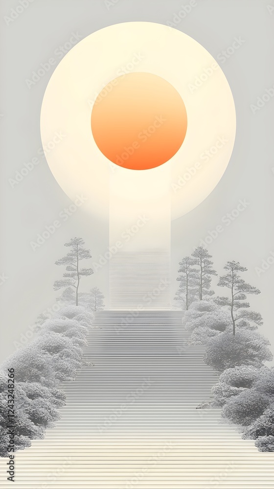 Poster a serene landscape featuring stylized trees and a large, glowing sun in warm tones, creating a calmi