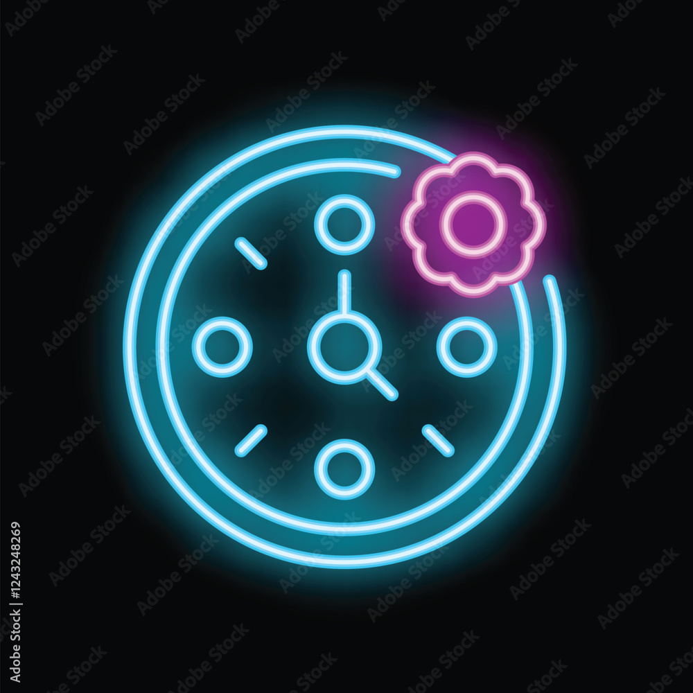 Poster neon sign of a clock with a settings gear attached, representing the concept of time management