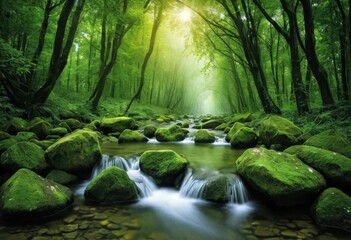 A landscape photo of a forest with trees in autumn colors and a lake reflecting the sky
