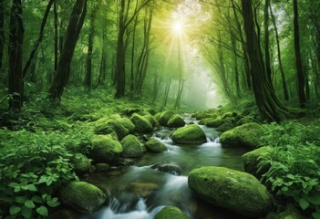 Obraz premium A landscape photo of a forest with trees in autumn colors and a lake reflecting the sky