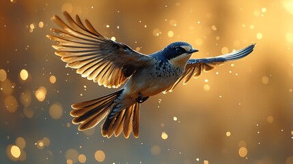 Bird in flight, golden bokeh background, nature, freedom