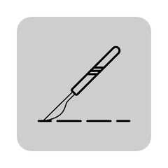 Health-related icon of scalpel poised above dashed line. Precision and care in medical procedures and practices related to health concept