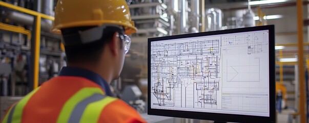 Over-the-shoulder shot an engineer working with CAD software on a desktop, showing technical details and designs in an industrial facility