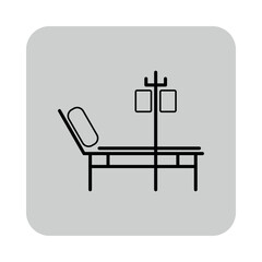 Line icon of health care treatment area featuring adjustable examination bed and stand for medical supplies