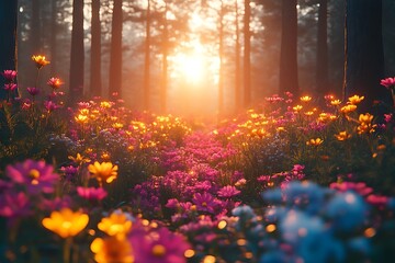 Sunlit forest path with colorful flowers.