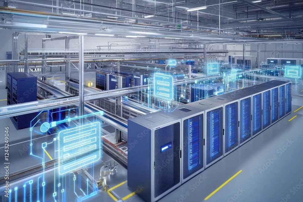 Aufkleber energy-efficient cooling systems in data center visualized by ai-driven holography.