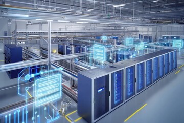 Energy-efficient cooling systems in data center visualized by AI-driven holography.