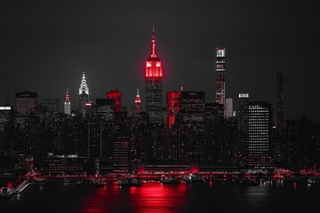 Fototapeta premium A monochrome black-and-white city skyline with a single glowing red accent.