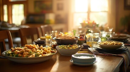 Naklejka premium Sunlit farmhouse table, abundant food, family gathering, Thanksgiving