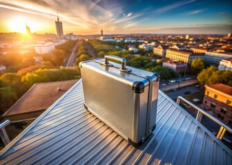 Aerial View of a Silver Metal Briefcase on a Rooftop - Drone Photography