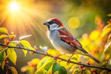 Obraz premium Aerial View of a Sparrow Perched on a Branch - Drone Photography