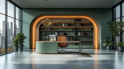 Modern office interior with curved desk, bookshelf, and city view.