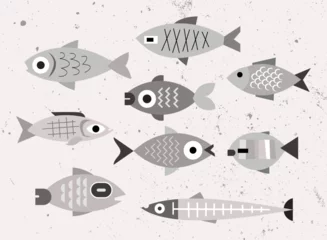 Vector monochrome design of group of various fishes on a light grunge background. Each one of the design element created on a separate layer and can be used as a standalone image or icon.
